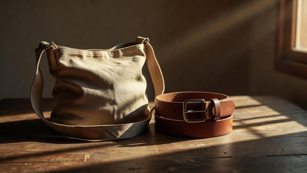 A canvas shoulder bag and brown belt arranged in strong warm shadows