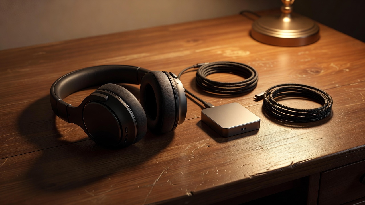 Headphones, a compact charger and neatly coiled cables on a warmly lit desk