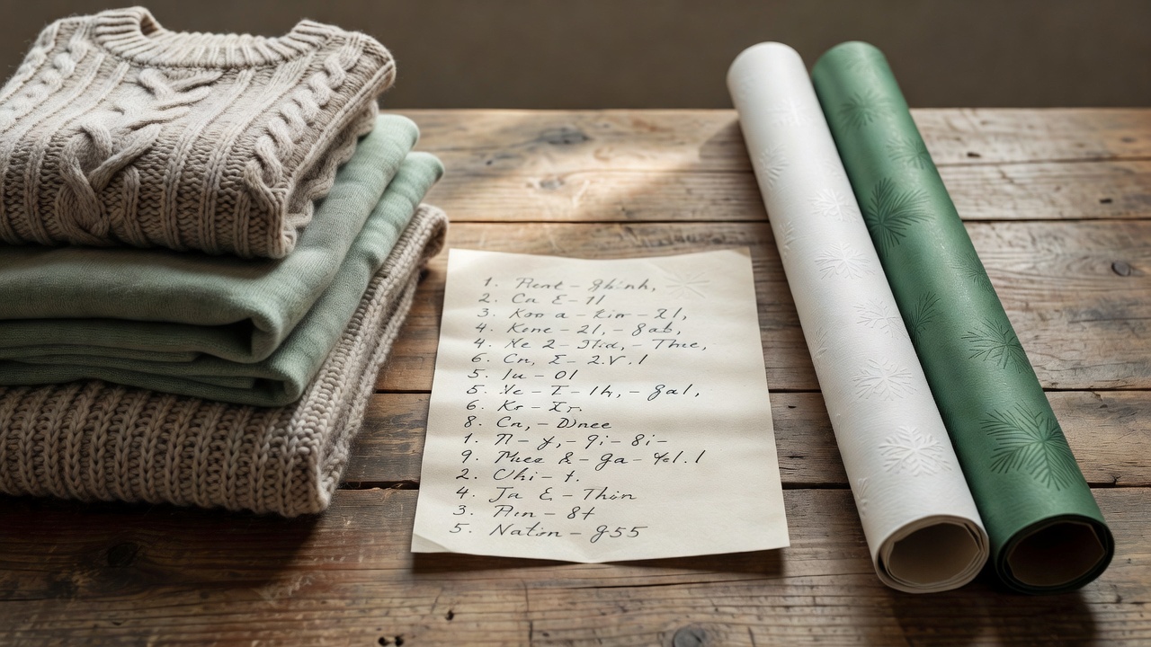 A handwritten shopping list beside folded knitwear and plain seasonal gift wrapping