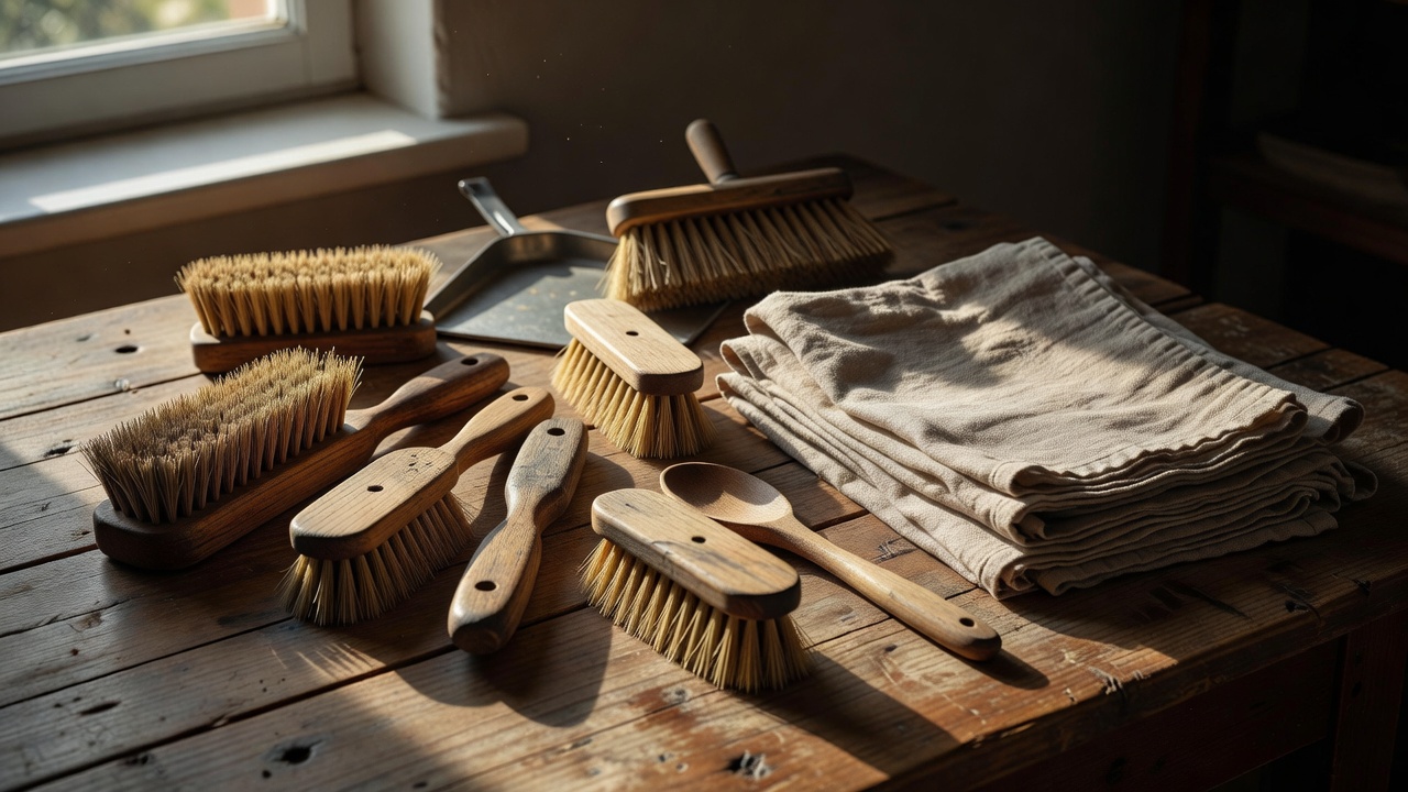 Wooden household brushes, folded linen and simple home tools in dramatic natural light